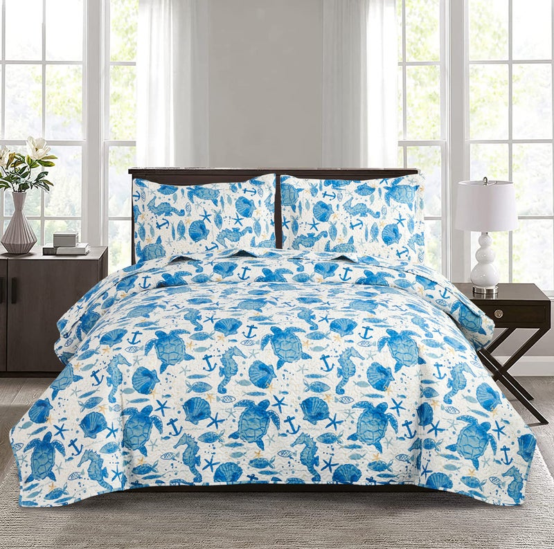 Ocean Bedding Twin Size Quilt Set  Lightweight Reversible Quilt Coverlet  Coastal Beach Theme  Sea Turtle Blue