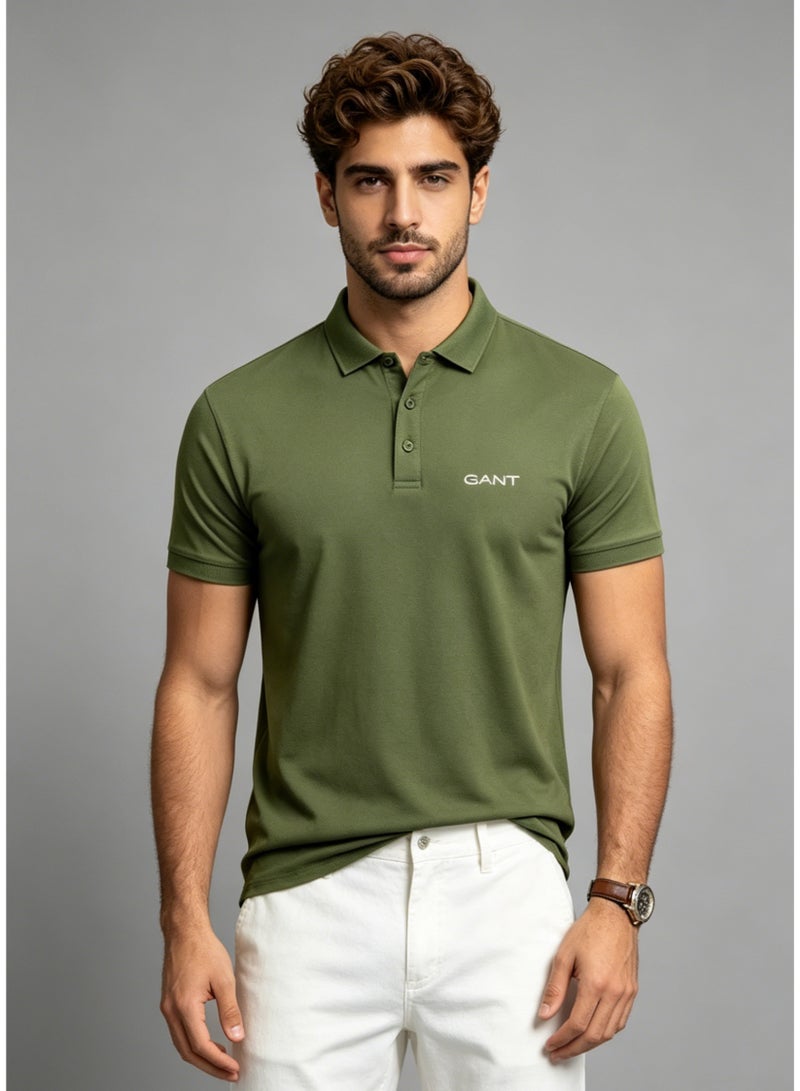 GANT Men's Short Sleeve Solid Polo Shirt, Slim Fit, Casual & Street Style, Olive Green - Image 4