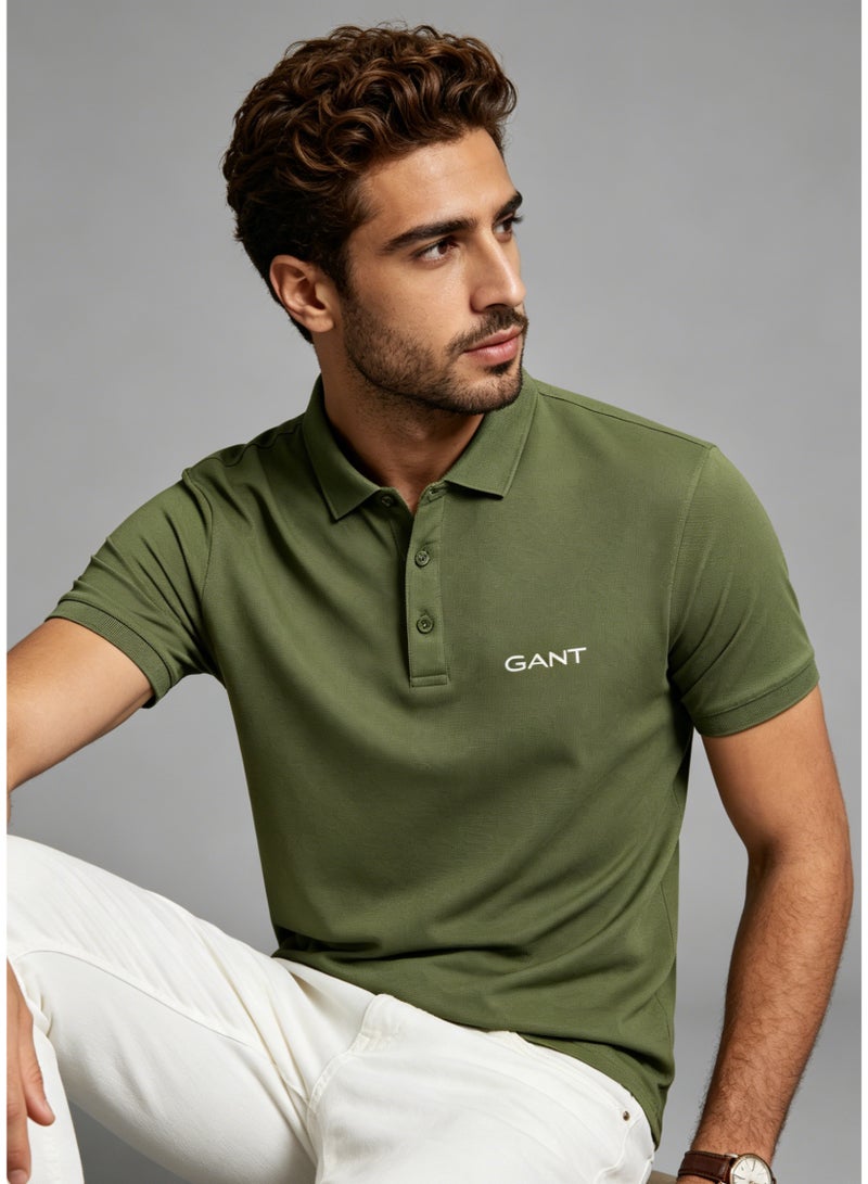 GANT Men's Short Sleeve Solid Polo Shirt, Slim Fit, Casual & Street Style, Olive Green - Image 5