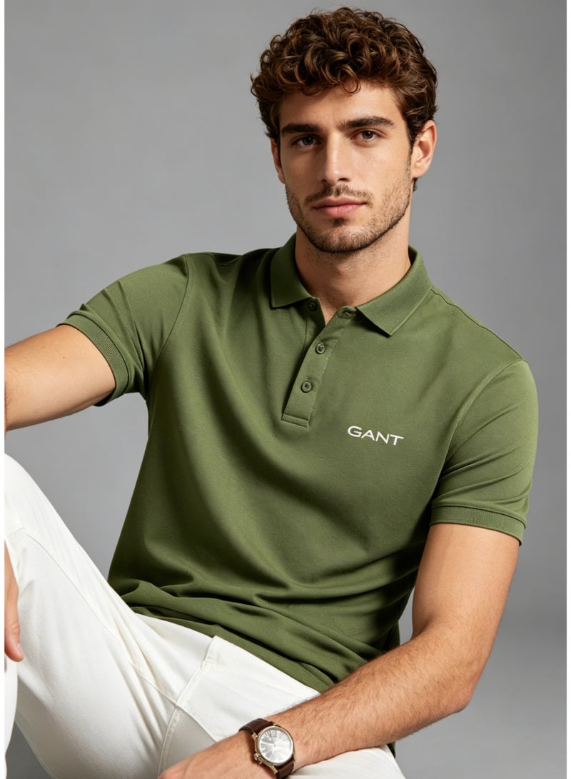 GANT Men's Short Sleeve Solid Polo Shirt, Slim Fit, Casual & Street Style, Olive Green - Image 3