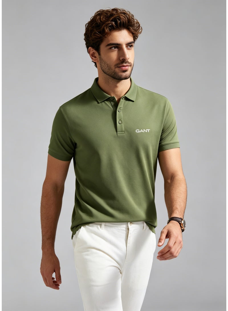 GANT Men's Short Sleeve Solid Polo Shirt, Slim Fit, Casual & Street Style, Olive Green - Image 2