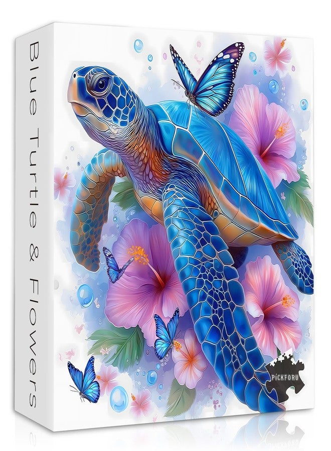 PICKFORU Sea Turtle Puzzles for Adults 1000 Piece, PICKFORU Flower Animal Art Jigsaw Puzzles Nature, Unique Floral Butterfly Blue Turtle Puzzles for Adults - Image 1