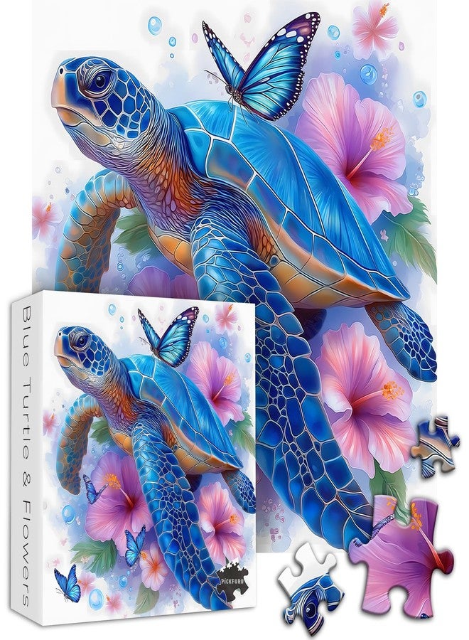 PICKFORU Sea Turtle Puzzles for Adults 1000 Piece, PICKFORU Flower Animal Art Jigsaw Puzzles Nature, Unique Floral Butterfly Blue Turtle Puzzles for Adults - Image 2