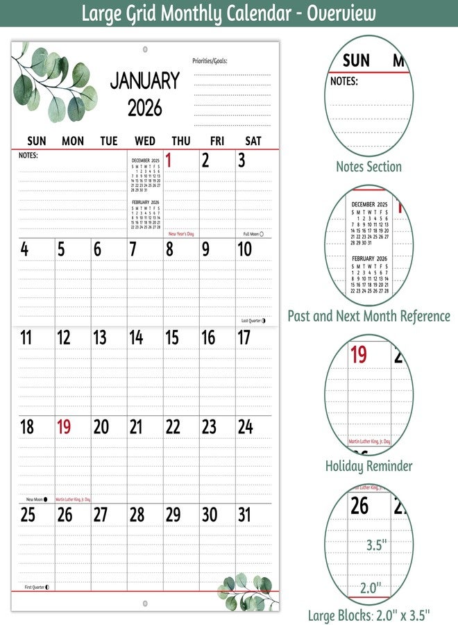 BowCuk 2026 Wall Calendar - Large Print Calendar 2026, 12 Monthly Calendar, Jan. 2026 - Dec. 2026, 14.6 x 22.8 In (Open), 2026 Calendar with Big Numbers, Large Grid, Notes, Moon Phases, Great for Planning - Image 3