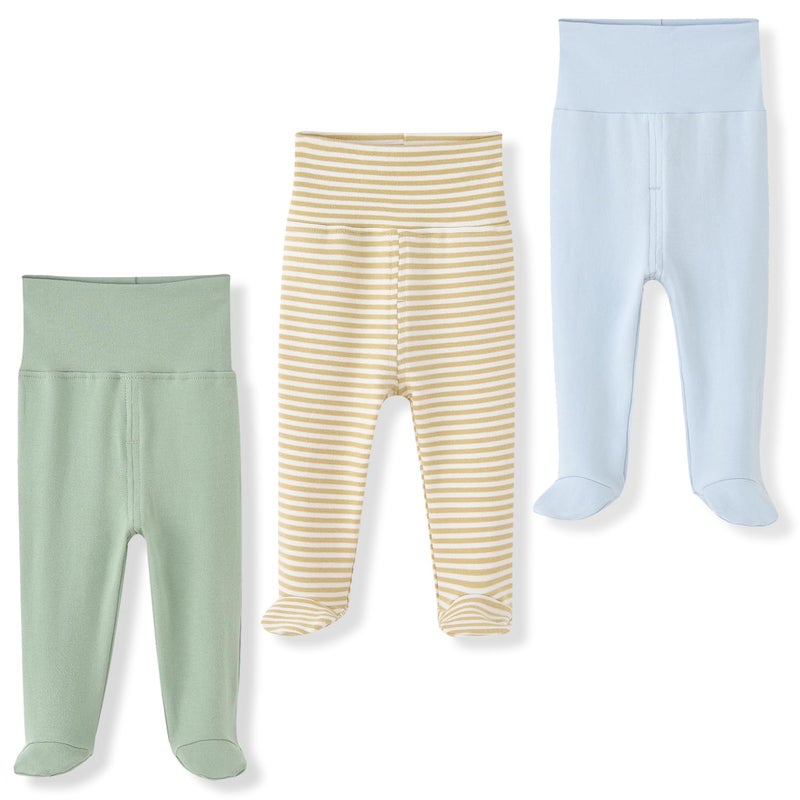 ACESTAR Newborn Baby Boys Girls 3Pack Cotton High Waist Footed Pants 03 Months Blue Khaki Stripe Green - Image 2