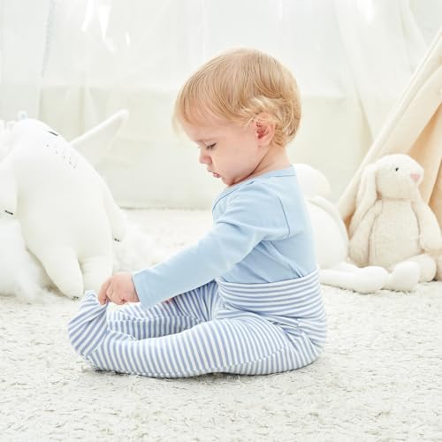 ACESTAR Newborn Baby Boys Girls 3Pack Cotton High Waist Footed Pants 03 Months Blue Khaki Stripe Green - Image 3