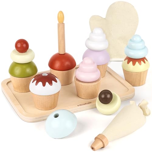 Pillowhale Wooden Cupcake Play Food Set 21 PCS Pretend Cupcakes with Interchangeable Toppings Candle Tray Piping Bag Mitt Birthday Cake Toy for Kids Kitchen Tea Party Play Ages 3 - Image 1