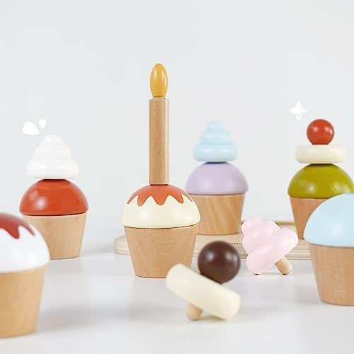 Pillowhale Wooden Cupcake Play Food Set 21 PCS Pretend Cupcakes with Interchangeable Toppings Candle Tray Piping Bag Mitt Birthday Cake Toy for Kids Kitchen Tea Party Play Ages 3 - Image 5