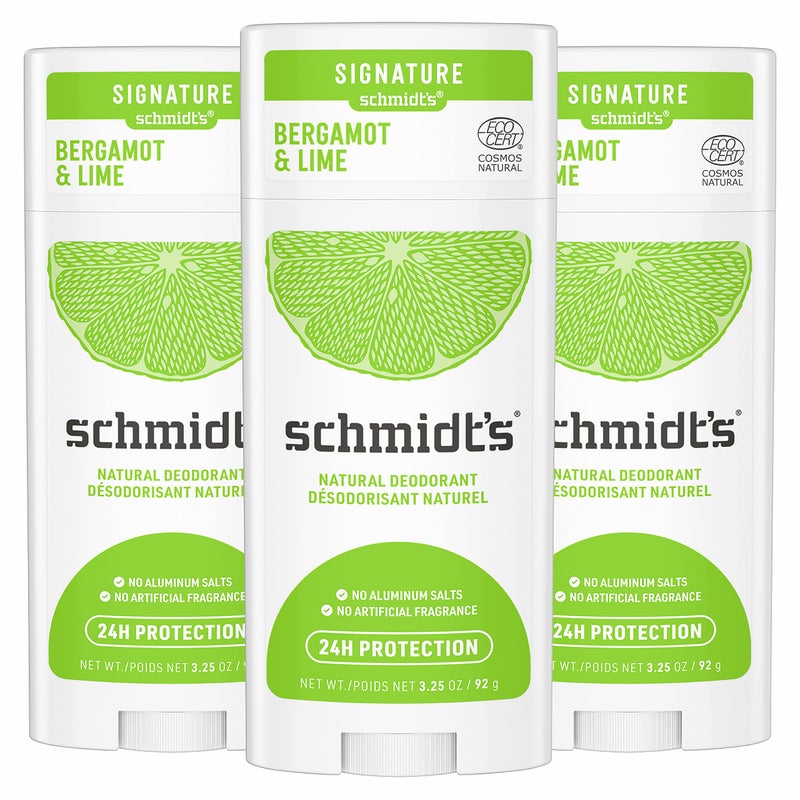 Schmidts Aluminum Free Natural Deodorant for Women and Men Bergamot Lime with 24 Hour Odor Protection Certified Cruelty Free Vegan Deodorant325 Ounce Pack of 3