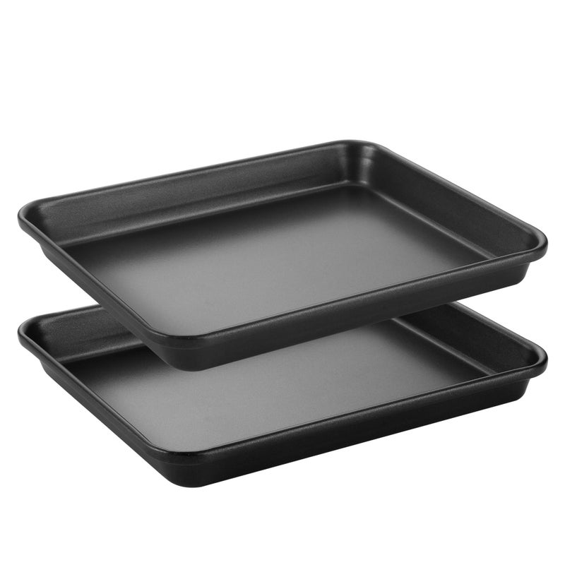 HONGBAKE 2 Pack 97X75 Toaster Oven Pans for Baking 57 Thicker Nonstick 18 Cookie Sheet Pan Set Small Baking Tray Dishwasher Safe and Heavy Duty Black