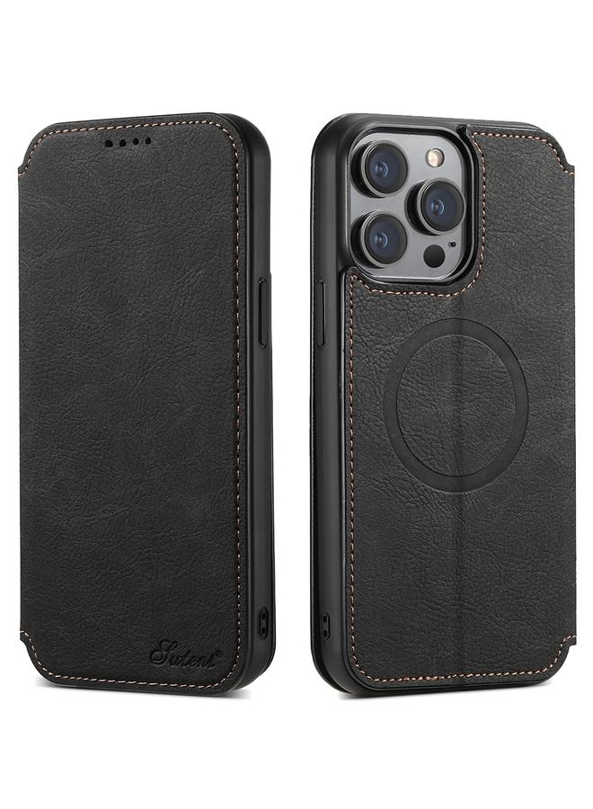 Suteni Case For iPhone 15 Pro J06 Retro Matte Litchi Texture Leather MagSafe Phone Case - Image 1