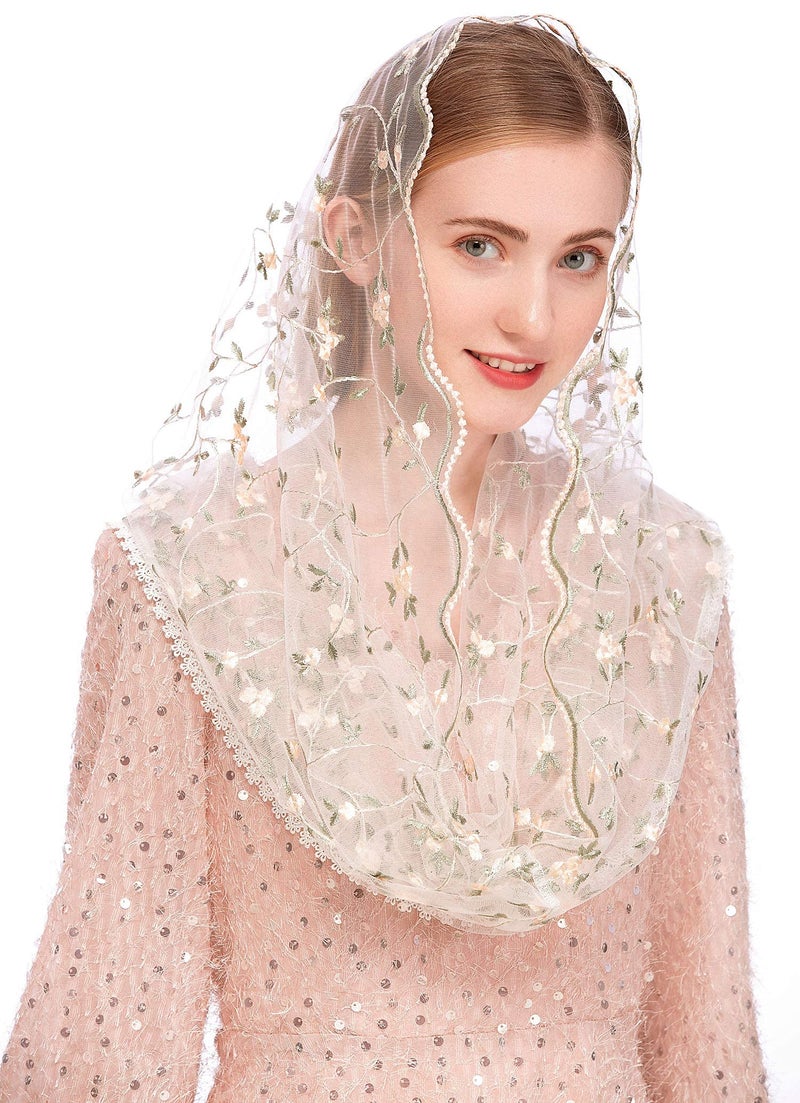 PAMOR Chapel Veils Mantilla Infinity Veil Latin Mass Little Flower Soft Embroidered Lace Head Covering Scarf (White)