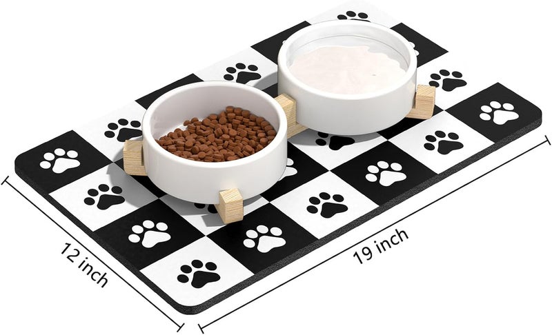 Rnivvi Dog Food Mat, 12" x 19" Footprint Absorbent Dog Cat Bowl Mat for Food and Water, Cute Anti-Slip Rubber Pet Feeding Rug Protect Floors, Puppy Placemat for Feeding & Watering Supplies,Black White - Image 2