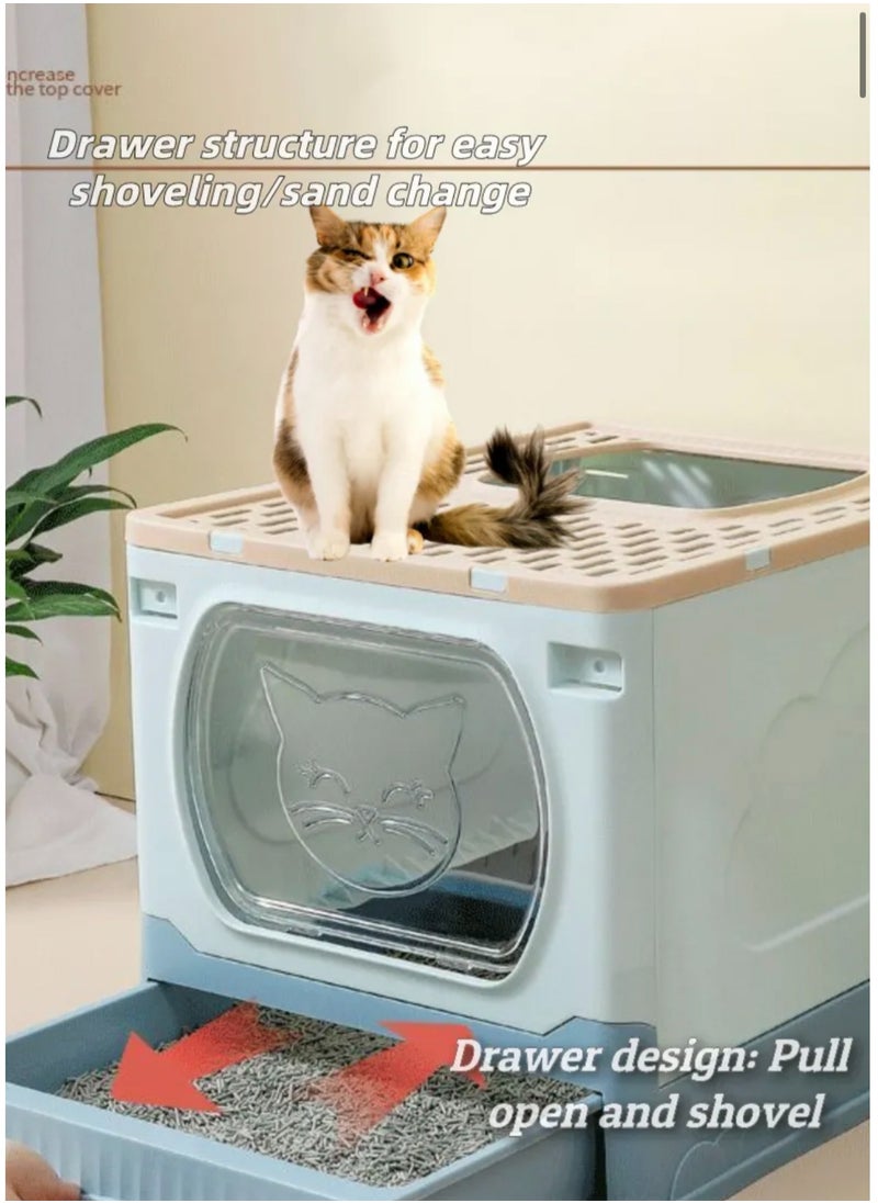 GT-Wheel - Large Foldable Cat Litter Box with Lid and Kitty Litter Scoop Drawer Front Entry & Top Exit Covered Kitten Box - Image 1