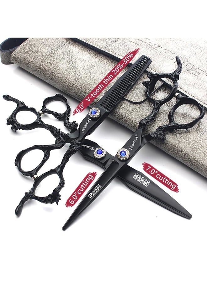 AXEMOORE مقص حلاقة الشعر 6+7 بوصة مصمم حلاق أسود لوحة تنين 440C مقص قص الشعر + مقص تخفيف (3 قطع) - Image 2