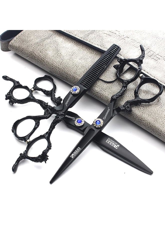 AXEMOORE مقص حلاقة الشعر 6+7 بوصة مصمم حلاق أسود لوحة تنين 440C مقص قص الشعر + مقص تخفيف (3 قطع) - Image 1
