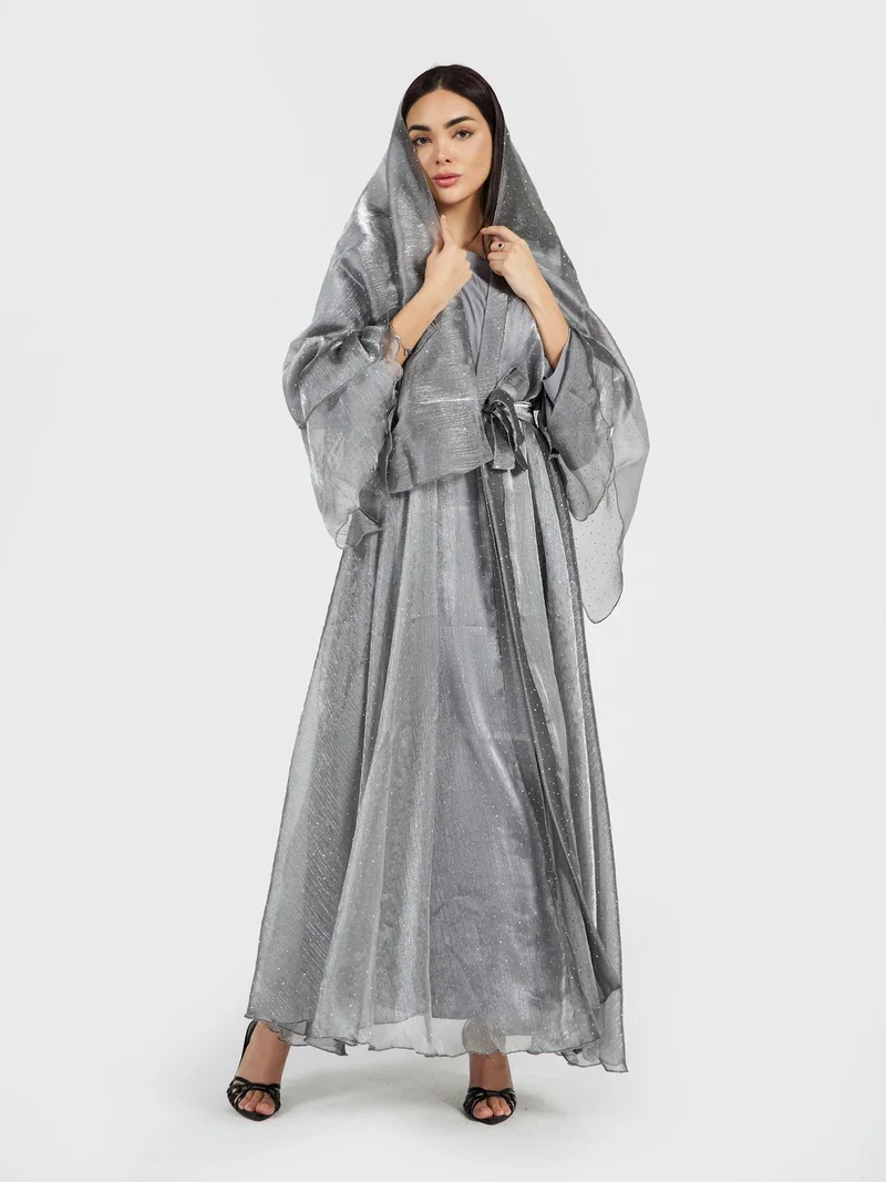 عباءات ريم Shimmer Silver Organza Abaya with Sheer Hijab