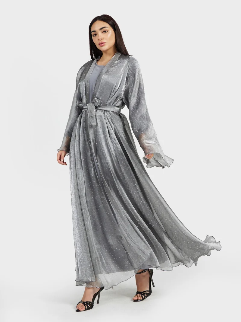 عباءات ريم Shimmer Silver Organza Abaya with Sheer Hijab