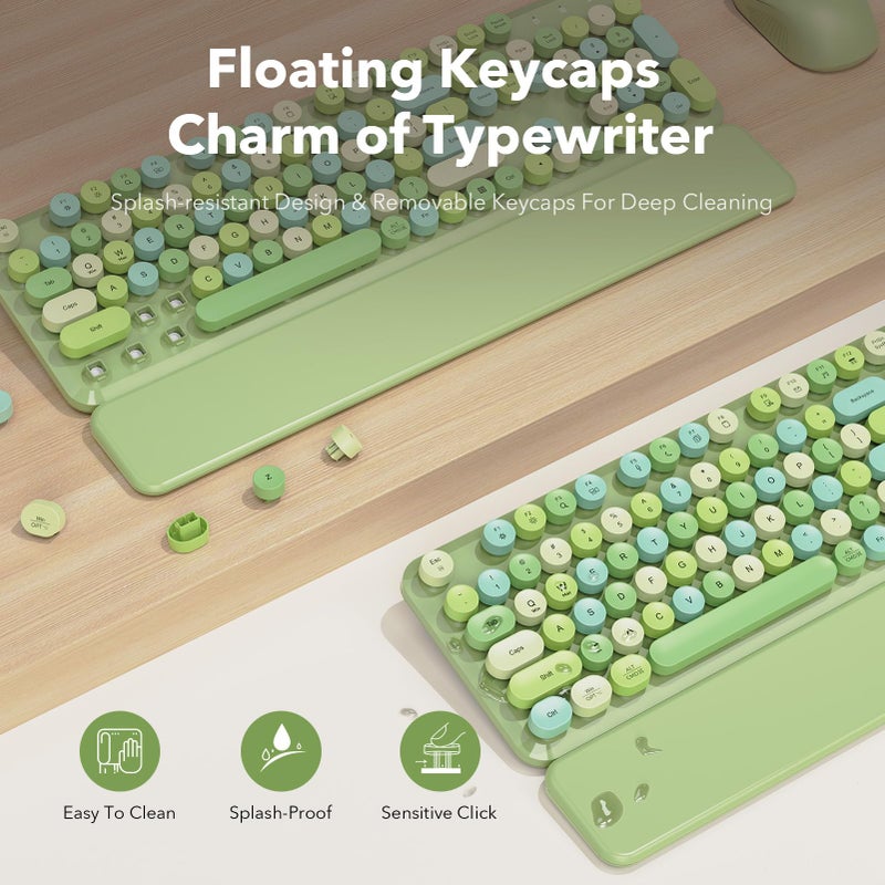 SABLUTE Wireless Keyboard and Mouse Combo, Cute Retro Typewriter Keyboard with Round Keycaps and Magnetic Wrist Rest, Full-Size 2.4GHz Cordless for Mac, Windows PC, Laptop, SABLUTE CK23, Green Multi-Color - Image 3
