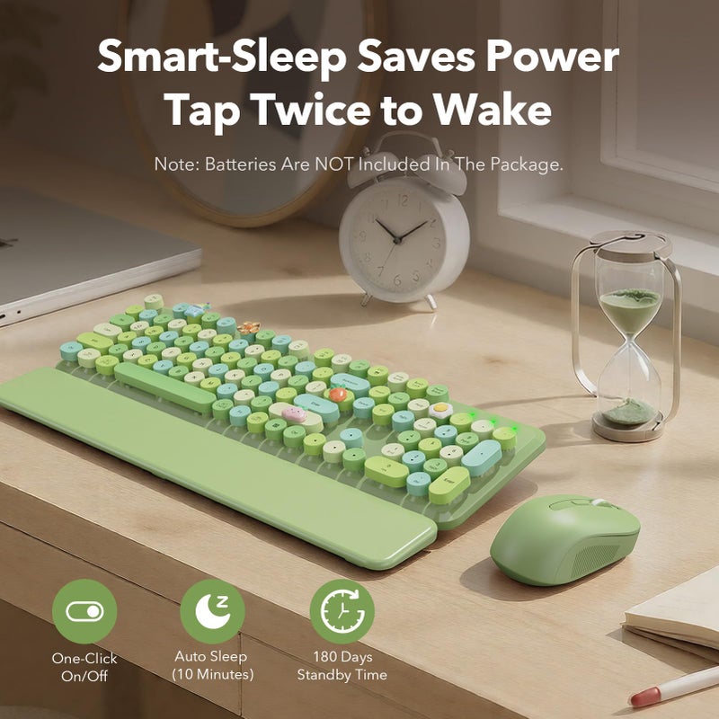 SABLUTE Wireless Keyboard and Mouse Combo, Cute Retro Typewriter Keyboard with Round Keycaps and Magnetic Wrist Rest, Full-Size 2.4GHz Cordless for Mac, Windows PC, Laptop, SABLUTE CK23, Green Multi-Color - Image 5