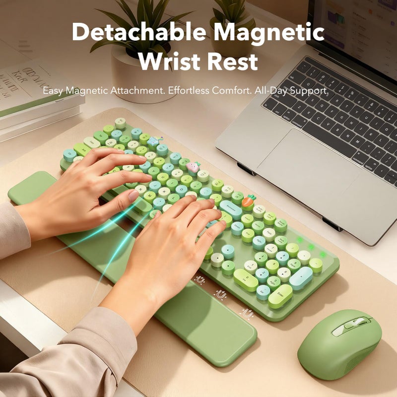 SABLUTE Wireless Keyboard and Mouse Combo, Cute Retro Typewriter Keyboard with Round Keycaps and Magnetic Wrist Rest, Full-Size 2.4GHz Cordless for Mac, Windows PC, Laptop, SABLUTE CK23, Green Multi-Color - Image 2