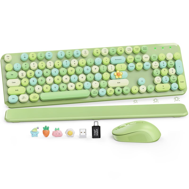SABLUTE Wireless Keyboard and Mouse Combo, Cute Retro Typewriter Keyboard with Round Keycaps and Magnetic Wrist Rest, Full-Size 2.4GHz Cordless for Mac, Windows PC, Laptop, SABLUTE CK23, Green Multi-Color - Image 1