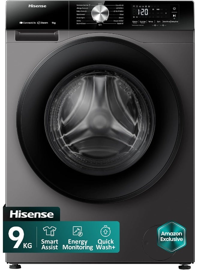 Hisense, 9 kg, Washing Machine, Inverter, 15 Programs, Grey, WF3S9043BT WF3S9043BT black - Image 1