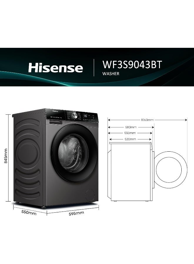 Hisense, 9 kg, Washing Machine, Inverter, 15 Programs, Grey, WF3S9043BT WF3S9043BT black - Image 3