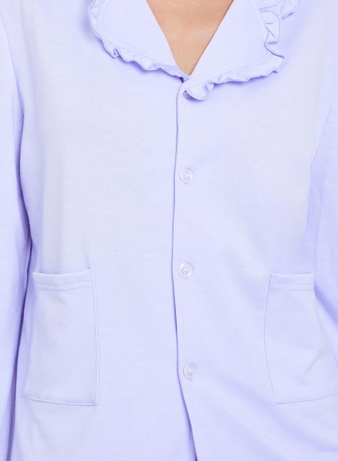 Styli Solid Flounce Neck Pocket Detail Shirt and Pyjama Set - Image 3
