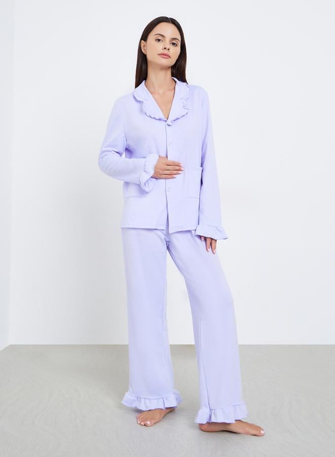 Styli Solid Flounce Neck Pocket Detail Shirt and Pyjama Set - Image 1