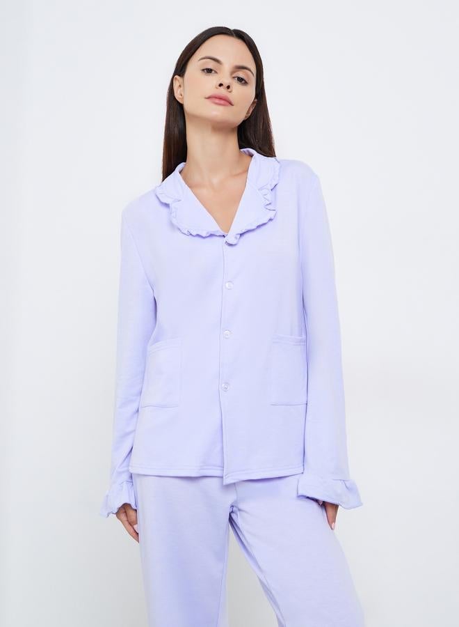 Styli Solid Flounce Neck Pocket Detail Shirt and Pyjama Set - Image 2