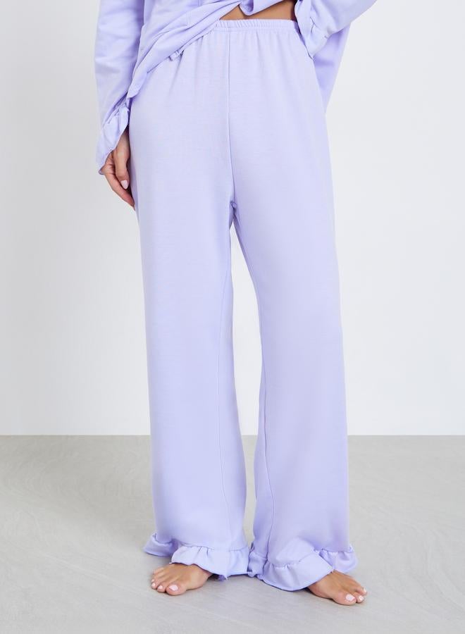 Styli Solid Flounce Neck Pocket Detail Shirt and Pyjama Set - Image 4