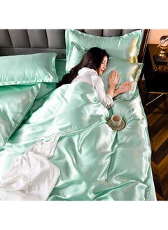 AL RAID King Size Ice Green Pure Silk Bed Sheet Set 4 Pieces Soft and Breathable Luxury Bed Sheet Set Includes 1 Quilt Cover 1 Bed Sheet and 2 Pillow Cases Solid Color 230x250 cm  - Image 2