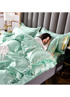 AL RAID King Size Ice Green Pure Silk Bed Sheet Set 4 Pieces Soft and Breathable Luxury Bed Sheet Set Includes 1 Quilt Cover 1 Bed Sheet and 2 Pillow Cases Solid Color 230x250 cm  - Image 4