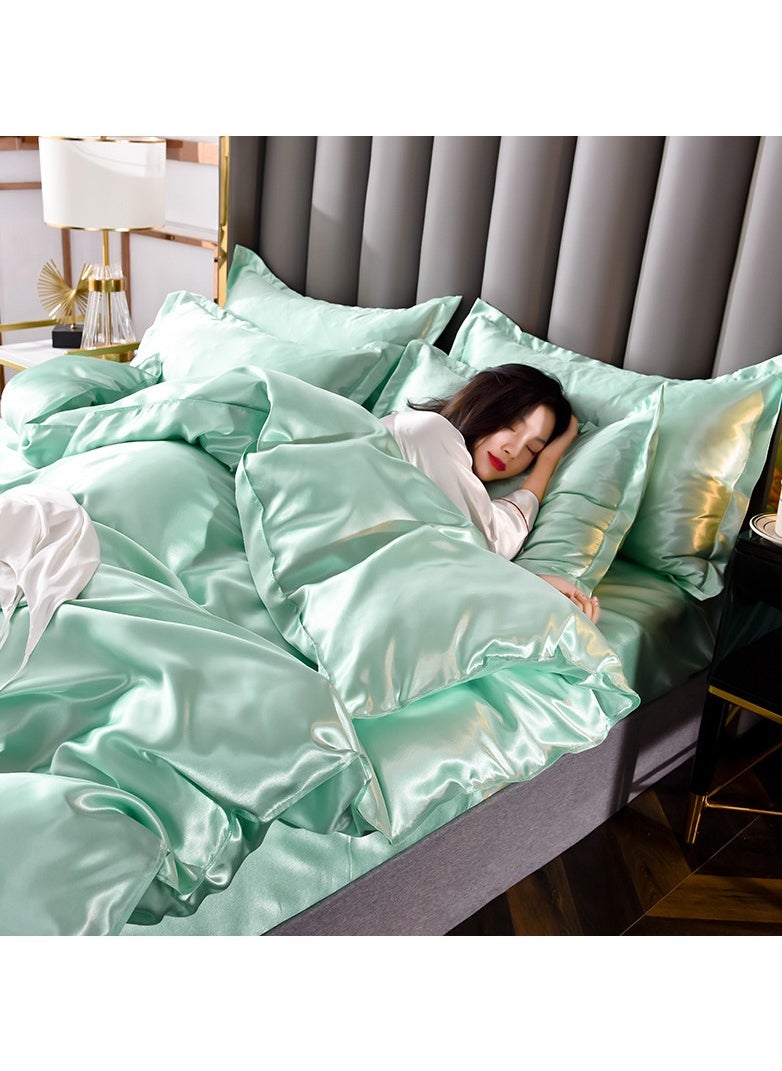 AL RAID - King Size Ice Green Pure Silk Bed Sheet Set 4 Pieces Soft and Breathable Luxury Bed Sheet Set Includes 1 Quilt Cover 1 Bed Sheet and 2 Pillow Cases Solid Color 230x250 cm - Image 1