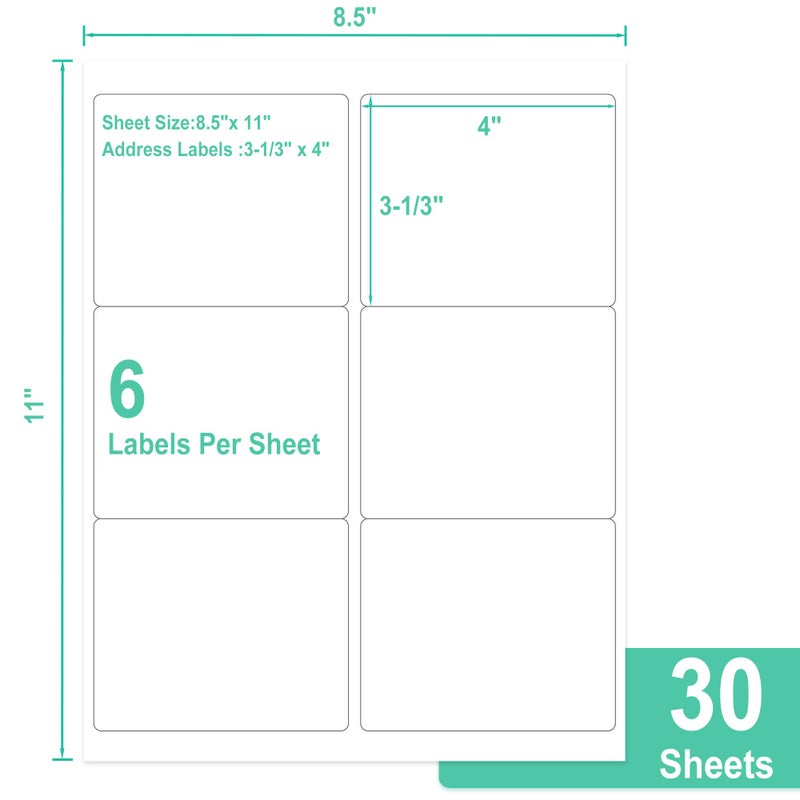 L LIKED 3-1/3" x 4" Shipping Labels 30 Sheets, Total 180 Printable White Sticker Labels, Laser/Inkjet Printing - Matte - Image 2
