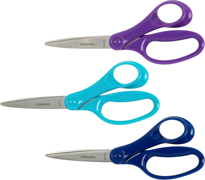 Fiskars 7 Student Scissors for Kids Ages 1214 3Pack Scissors for School or Crafting Back to School Supplies Purple Blue and Turquoise - Image 1