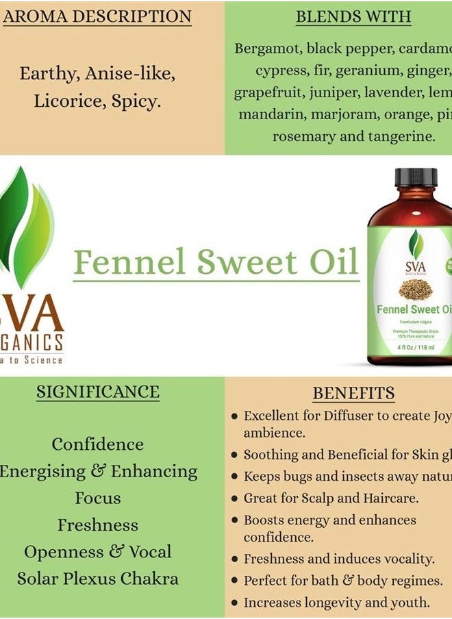 SVA Organics - SVA Fennel Sweet Essential Oil- 118 ml (4 fl. oz.) 100% Pure, Natural & Premium Therapeutic Grade for Glowing Skin, Strengthened Hair, Aromatherapy & Massage - Image 1