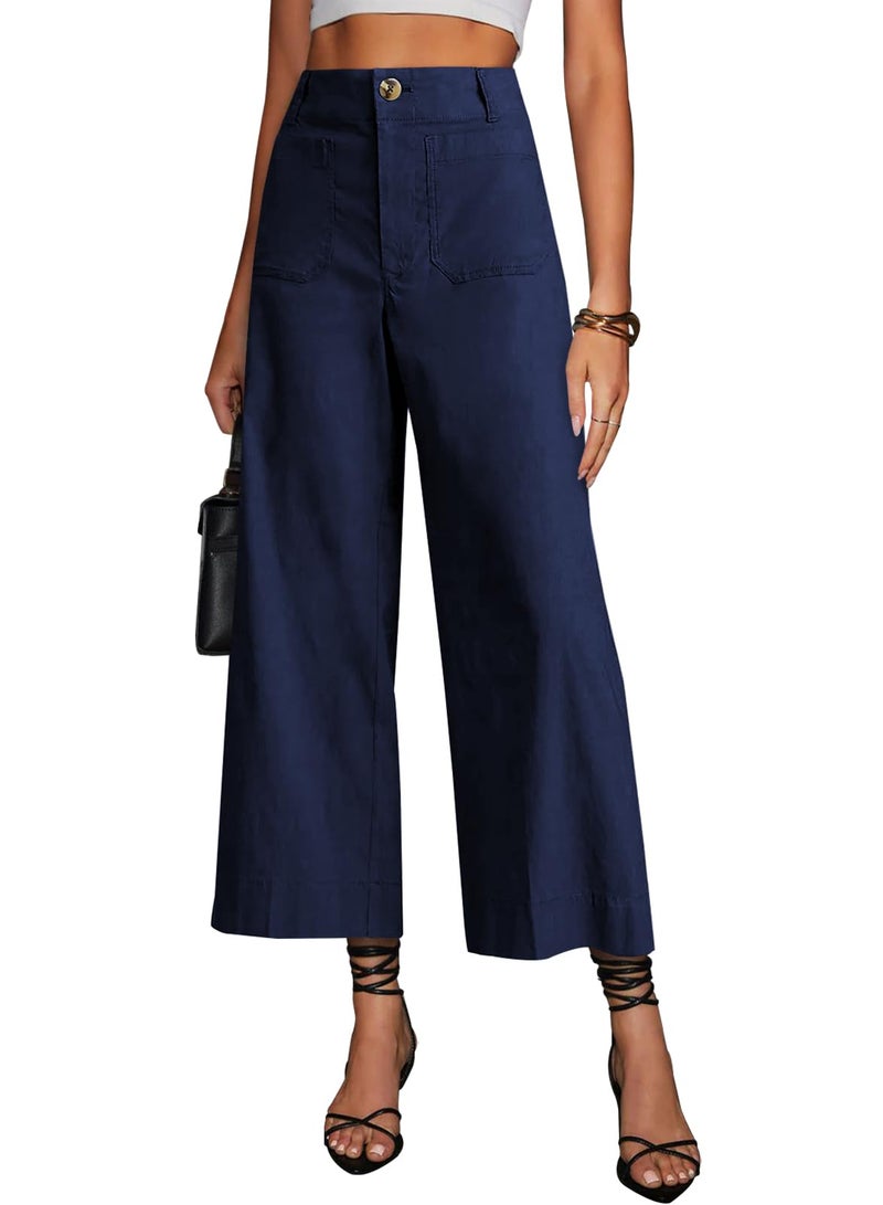 miduo Womens Pants Casual Button High Waisted Cropped Wide Leg Straight Leg Pants Trousers with Pockets Navy 30 - Image 1