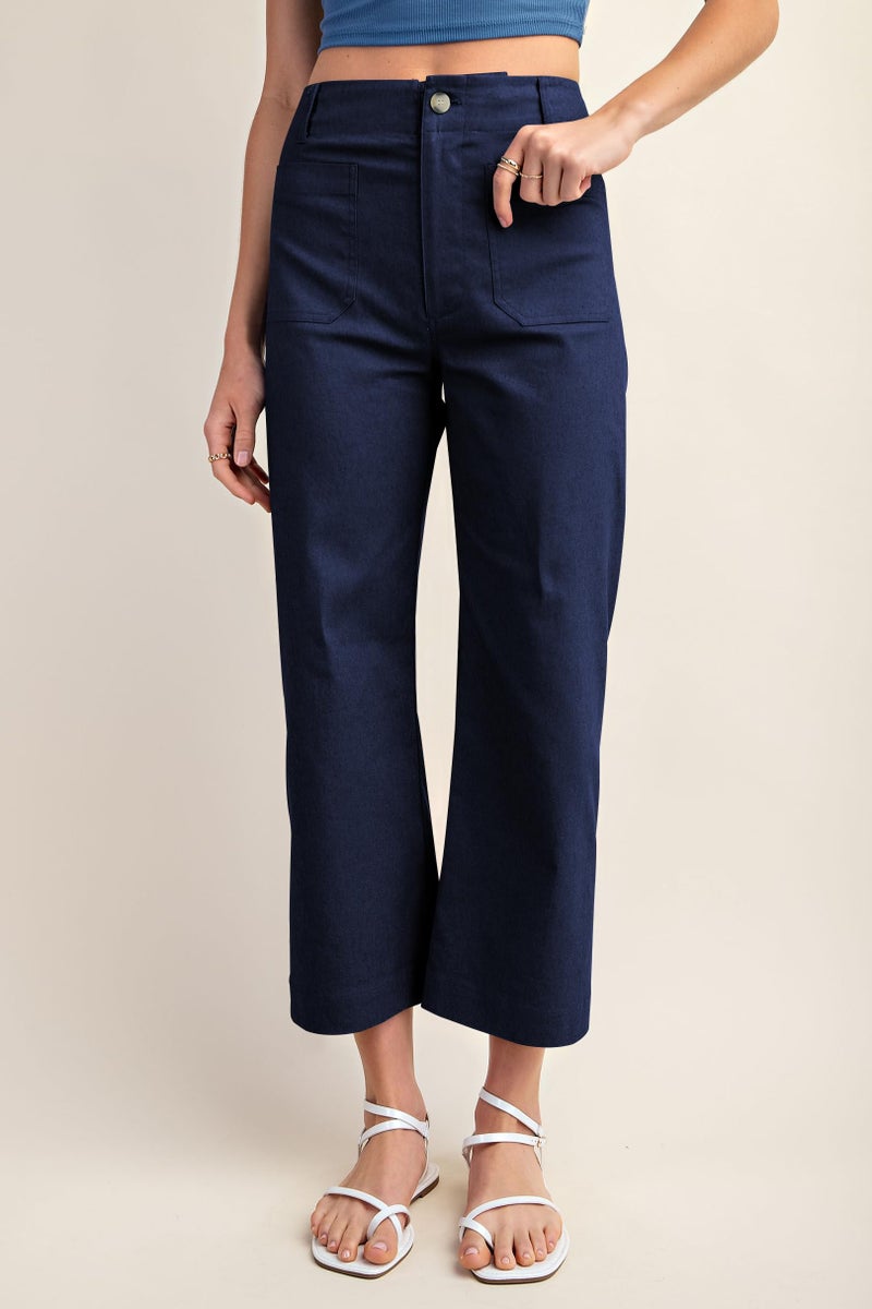miduo Womens Pants Casual Button High Waisted Cropped Wide Leg Straight Leg Pants Trousers with Pockets Navy 30 - Image 2