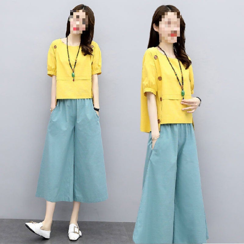 Loose Two-piece Short-sleeved Summer 2023 New Womens Fashionable Stylish Age-reducing Wide-leg Pants Set Loose Slimming Yellow top + blue pants 