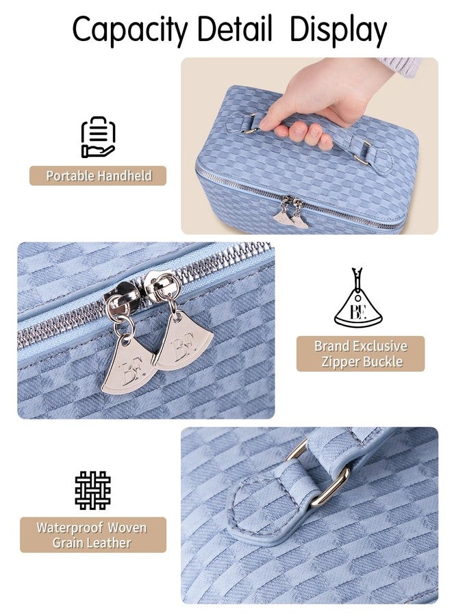 BATFIELD Cosmetic Bag for Women, Litchi PU Leather Makeup Pouch for Women, Large Capacity Cosmetic Travel Bag, Portable Makeup Kit Storage Bag with Handle and Divider (Checkered Blue) 23x12x12 cm - Image 3