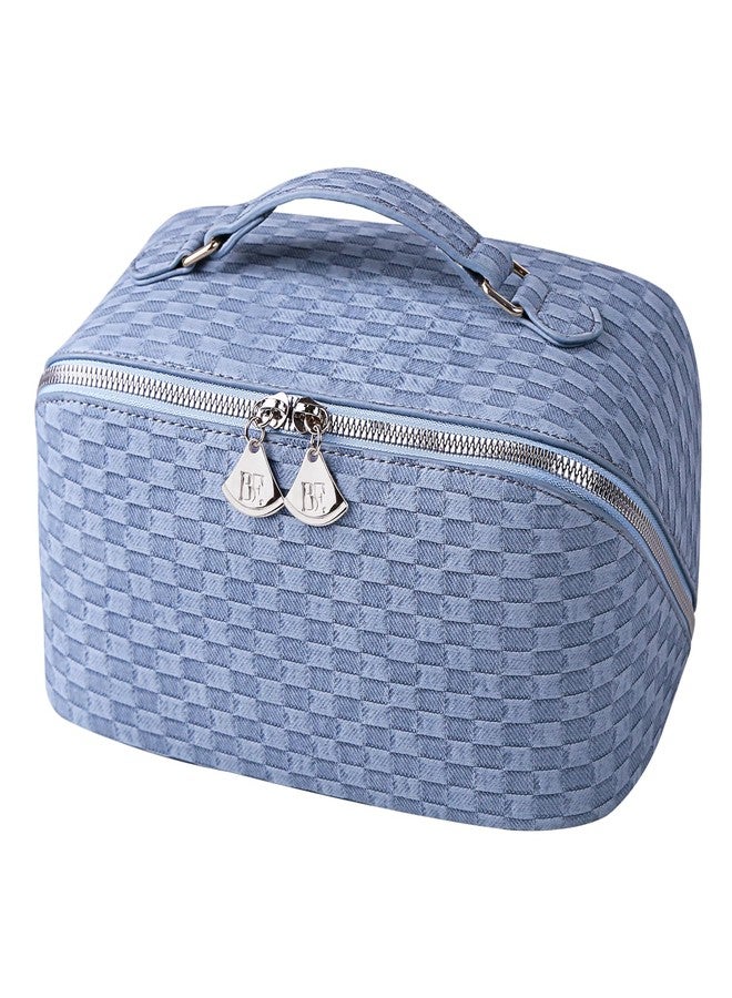 BATFIELD Cosmetic Bag for Women, Litchi PU Leather Makeup Pouch for Women, Large Capacity Cosmetic Travel Bag, Portable Makeup Kit Storage Bag with Handle and Divider (Checkered Blue) 23x12x12 cm - Image 1
