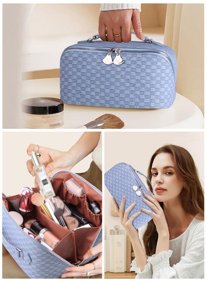 BATFIELD Cosmetic Bag for Women, Litchi PU Leather Makeup Pouch for Women, Large Capacity Cosmetic Travel Bag, Portable Makeup Kit Storage Bag with Handle and Divider (Checkered Blue) 23x12x12 cm - Image 5