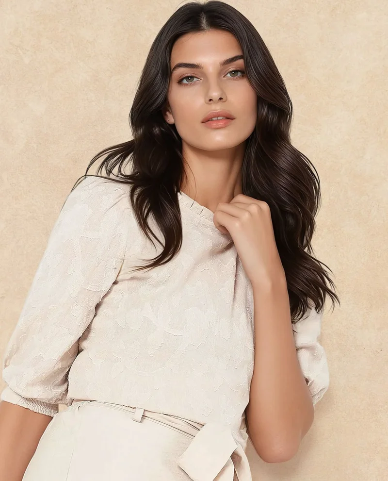 Rareism Women's Ruffled Neck Jacquard Top