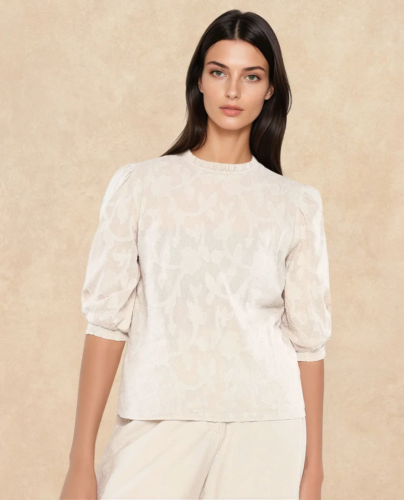 Rareism Women's Ruffled Neck Jacquard Top