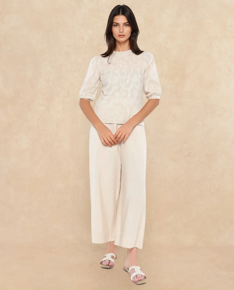 Rareism Women's Ruffled Neck Jacquard Top
