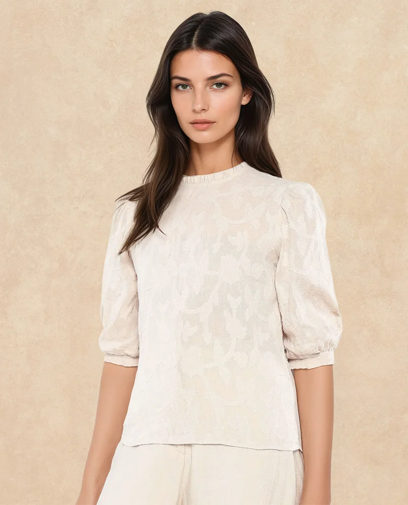 Rareism Women's Ruffled Neck Jacquard Top