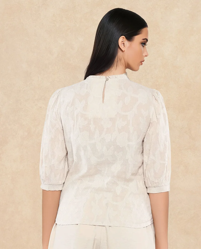 Rareism Women's Ruffled Neck Jacquard Top