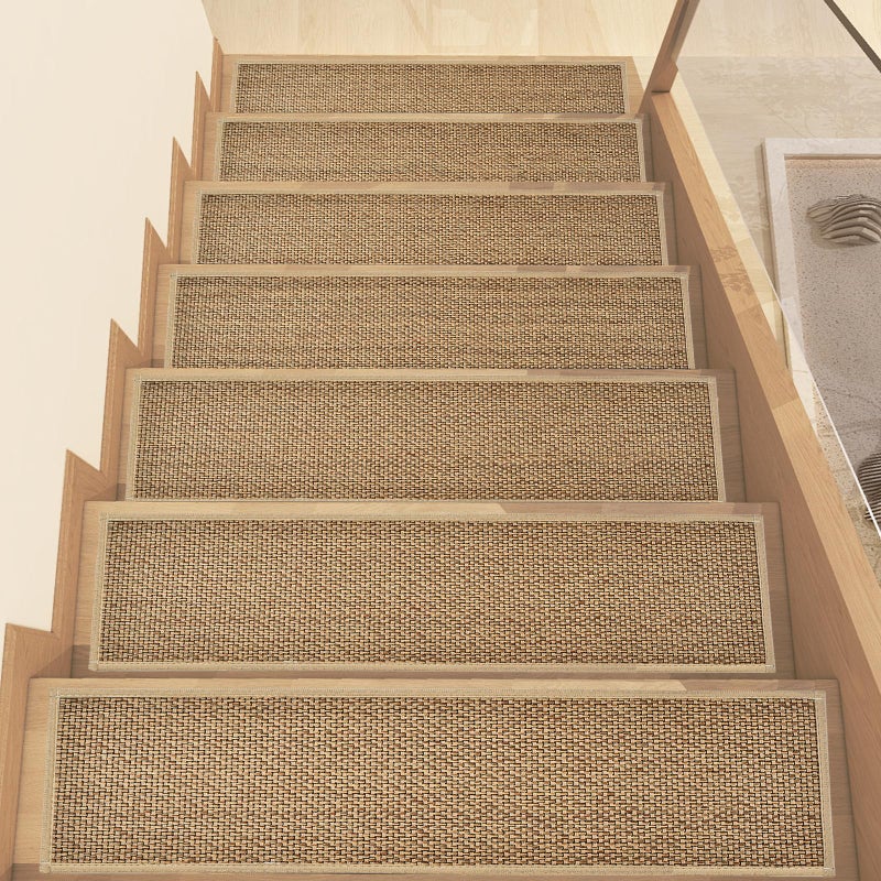 Earcu Stair Treads Non Slip, Rubber Backing Stair Treads for Wooden Steps, 15 PCS Thicken Linen Carpet Stair Runners Indoor for Kids Elders and Pets, No Residue Stair Carpet Treads, 8"x30", Beige - Image 1